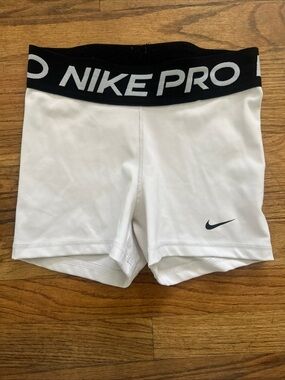 Nike Pro Women’s White Dri-FIT Compression Shorts Black Logo Waistband Sz XS